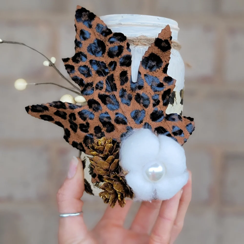 Decoupage Fall/Autumn leaf Animal print Mason jar Handmade